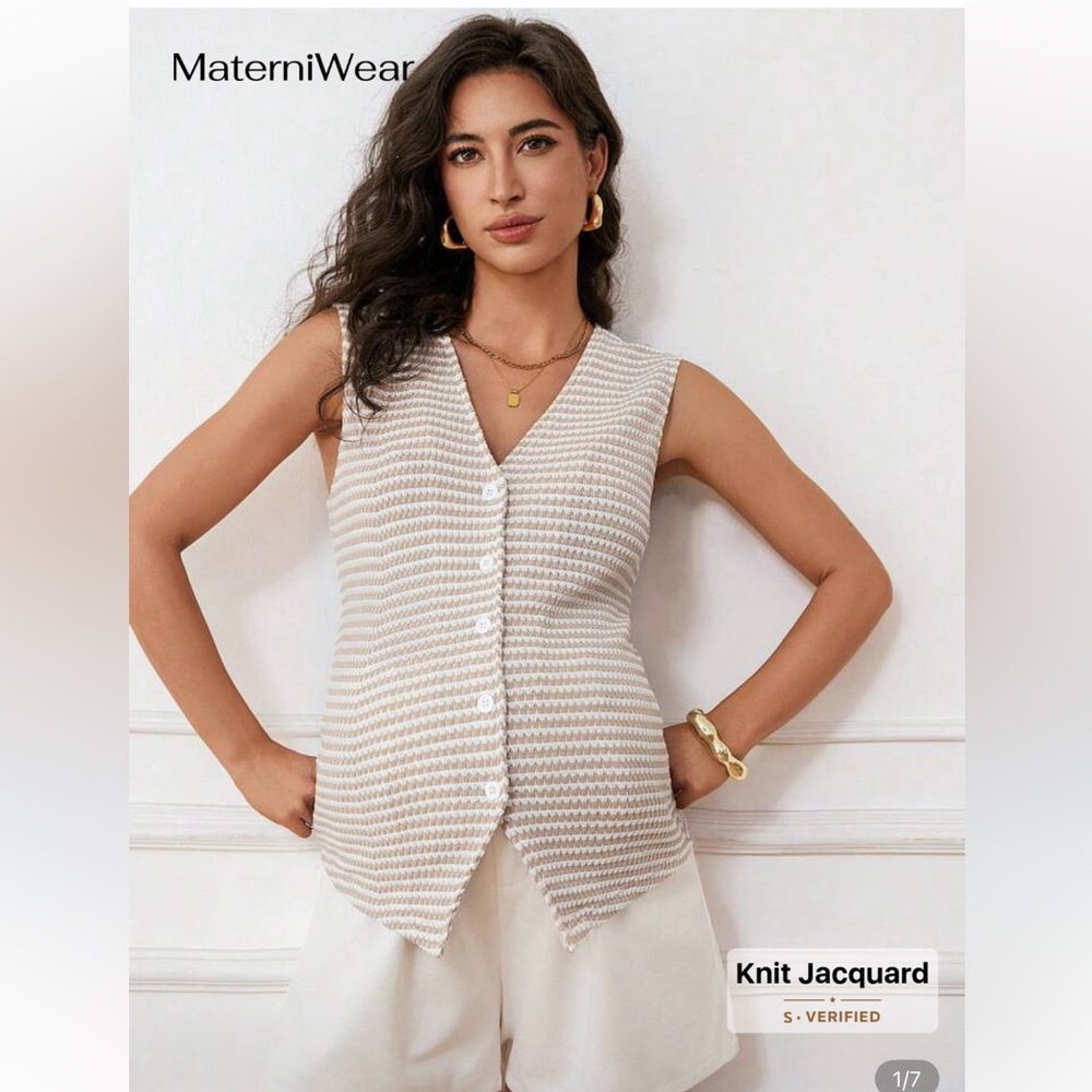 SHEIN Maternity Striped Knit Vest - Beige and White